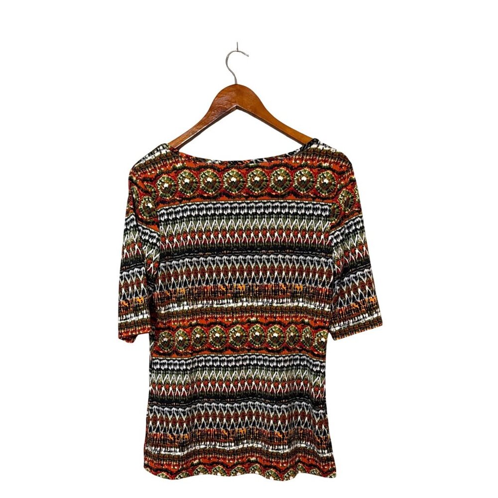 Womens XL Multicolor Boho Print Short Sleeve Top Aztec Stretchy Comfortable - Picture 2 of 5